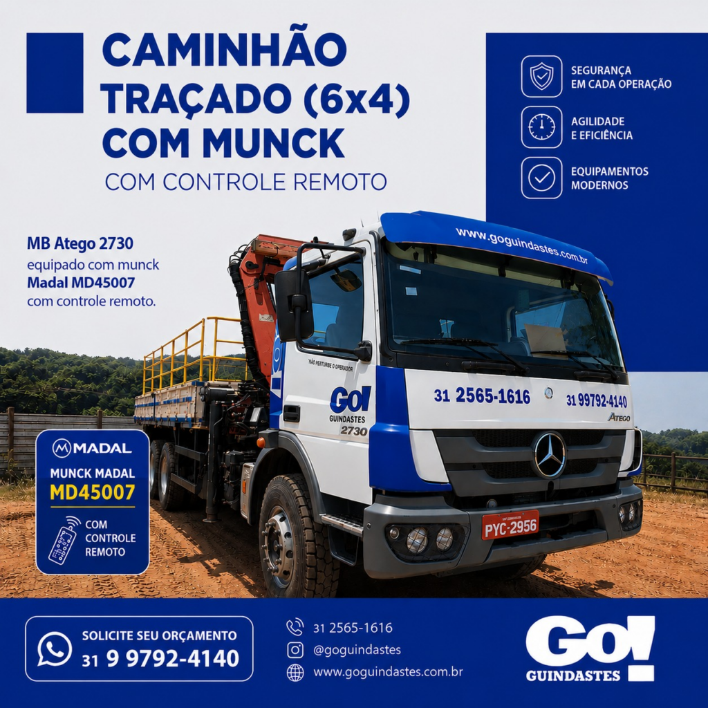 Locação de caminhão munck traçado 6x4 com controle remoto da Go Guindastes